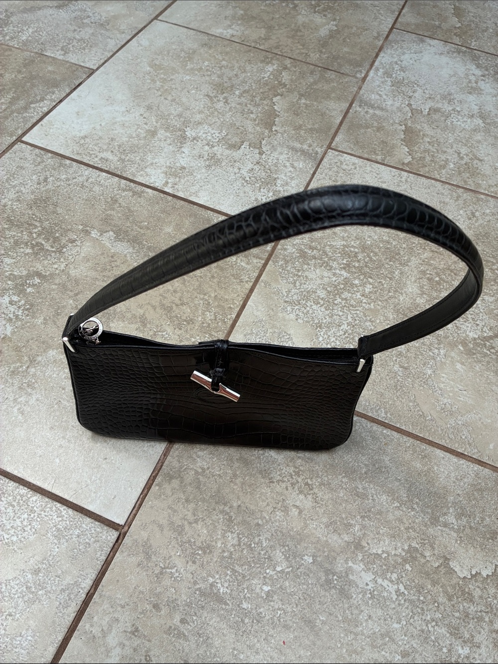 Longchamp Black Croc-Embossed Shoulder Bag with Silver Toggle - Picture 9 of 10